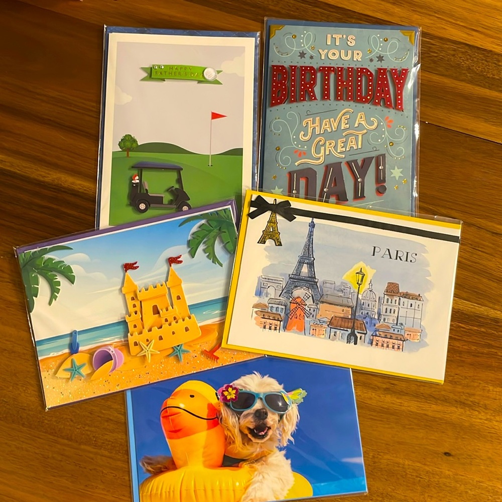 Lot of five hand-crafted mixed cards